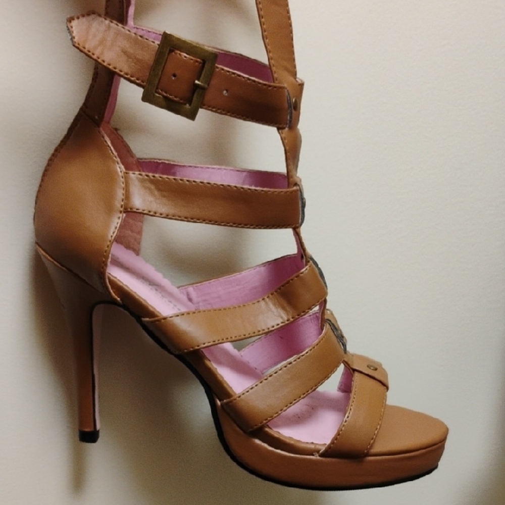 Leg Avenue Brown Gladiator Heels with Pink Lining - Picture 3 of 13